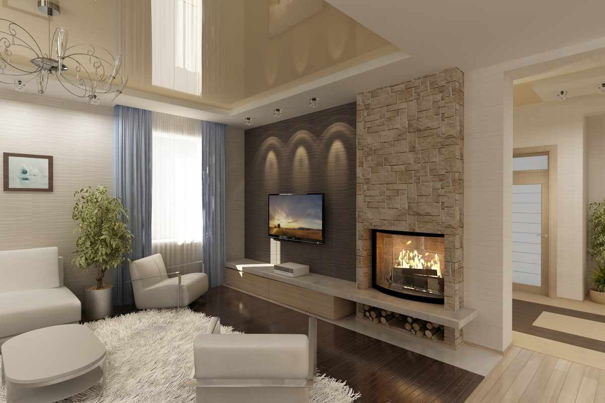 идея использования светлого декора гостиной комнаты с камином