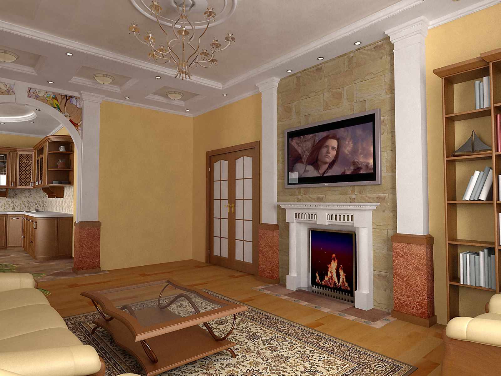 вариант использования яркого интерьера гостиной комнаты с камином