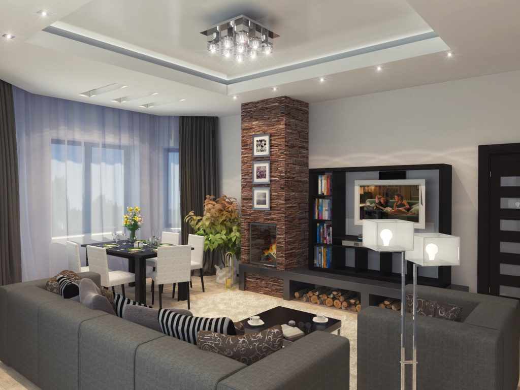 идея применения красивого стиля гостиной комнаты с камином