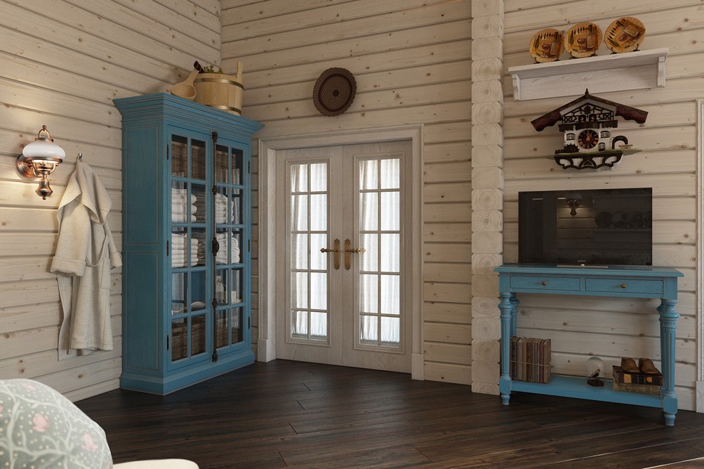 Голубая мебель в деревянном доме из бруса