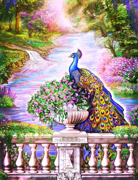 Paradise Morning Sun Fantasy Divine Garden Beautiful Picture Paradise Painting Stock Image